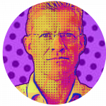 Circular portrait of Professor Paul Elkington with a stylized, pop-art inspired filter applied, which results in flattened areas of bold colour and dot patterns resembling halftone printing. The primary colours are vivid yellow, magenta, and purple.