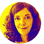 Circular portrait of Dr Sally Lowell smiling. The portrait has been digitally altered to resemble a halftone print, commonly used in pop art. The dot matrix presents a gradient of sizes which gives the illusion of depth and texture. The image is predominated by a two-tone colour scheme with a bright yellow background that transitions to deep purple,